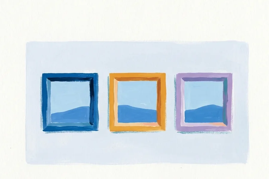 Three equal square windows line a pale wall, each framing one distant blue hill, with navy, amber, and soft violet frames.