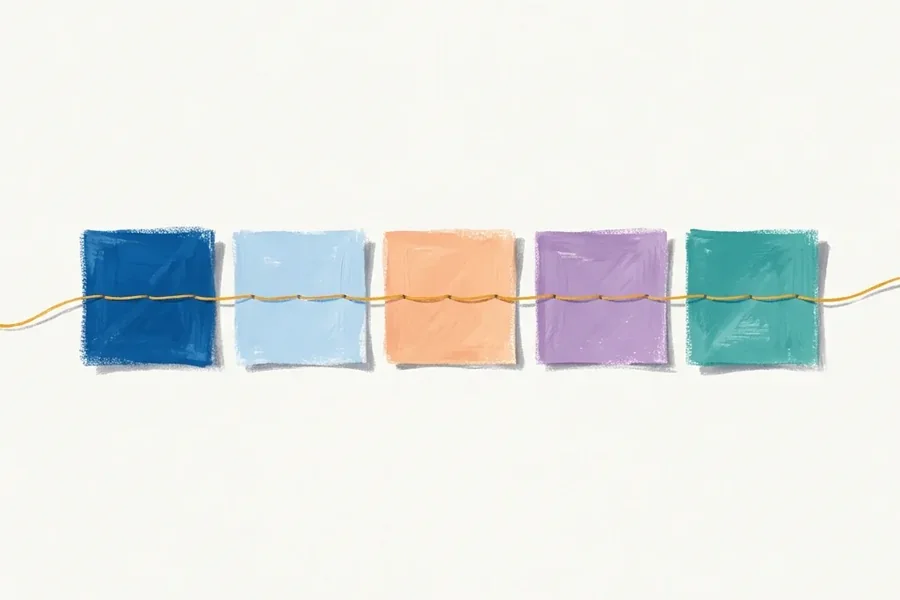 Five differently colored cloth squares lie in a row, joined by one amber thread stitched through all five.