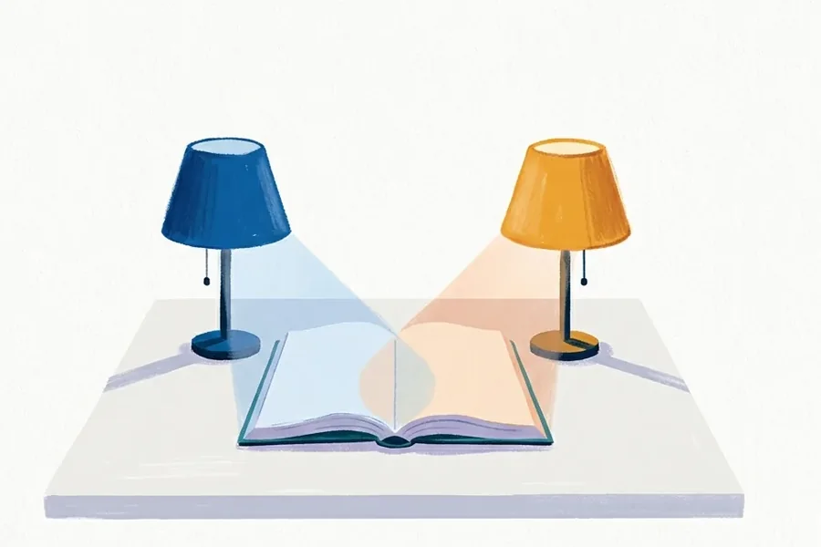 Matching table lamps, one blue and one amber, flank an open book with blank pages, casting equal pools of light across it.