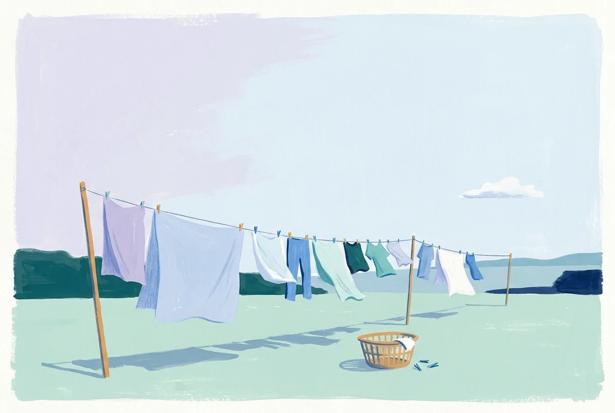 A full clothesline crosses a backyard beneath a wide sky, with sheets moving and an empty basket on the grass.