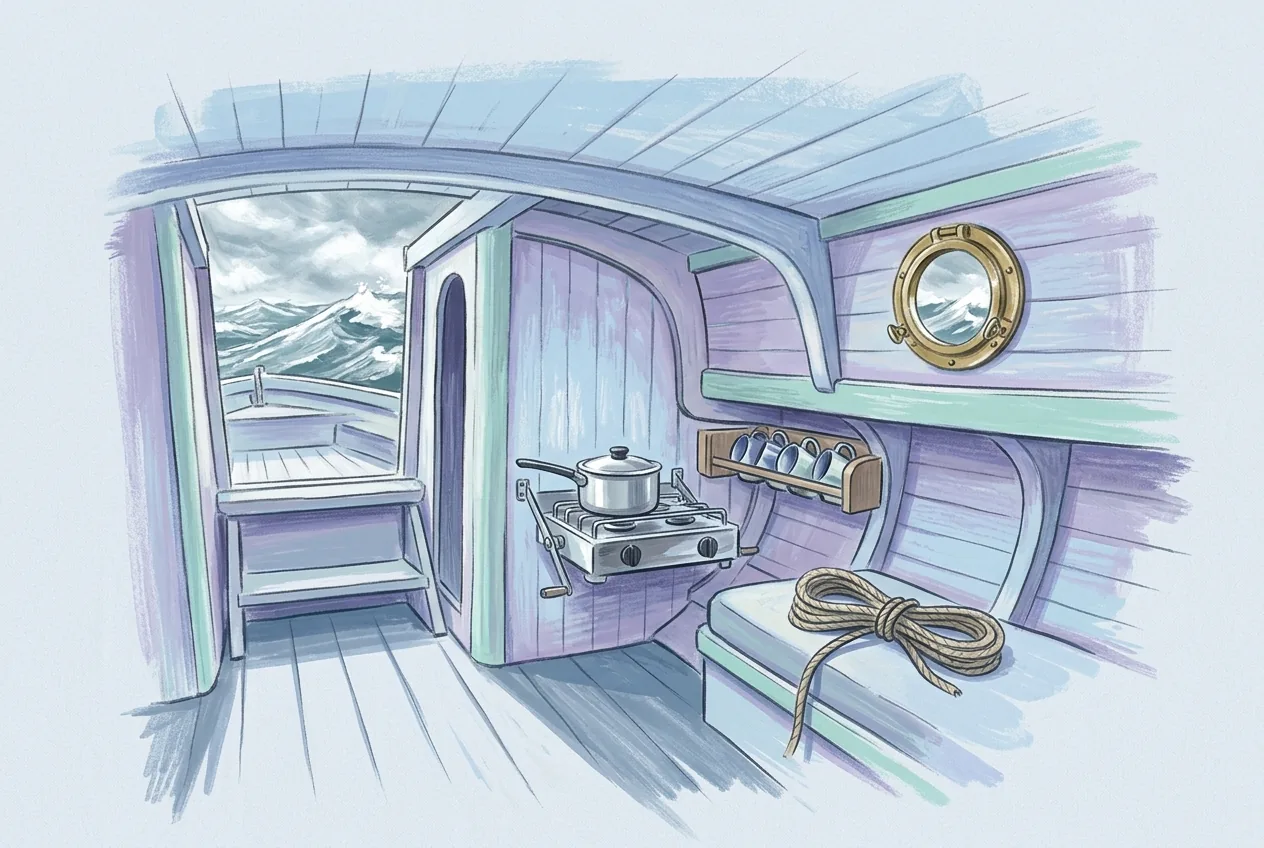 A level stove and pot remain secured inside a small boat while white sea rises beyond a tilted porthole.