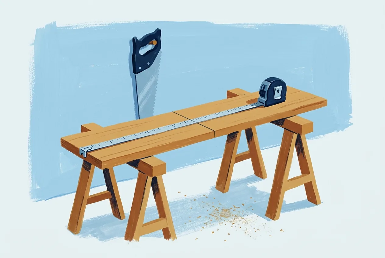 A tape measure stretches across a plank on trestles beside a square pencil line, with a saw hanging behind.