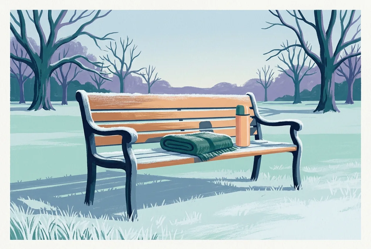 A folded blanket and a thermos rest on a frost-covered park bench, with bare trees and pale sky beyond.