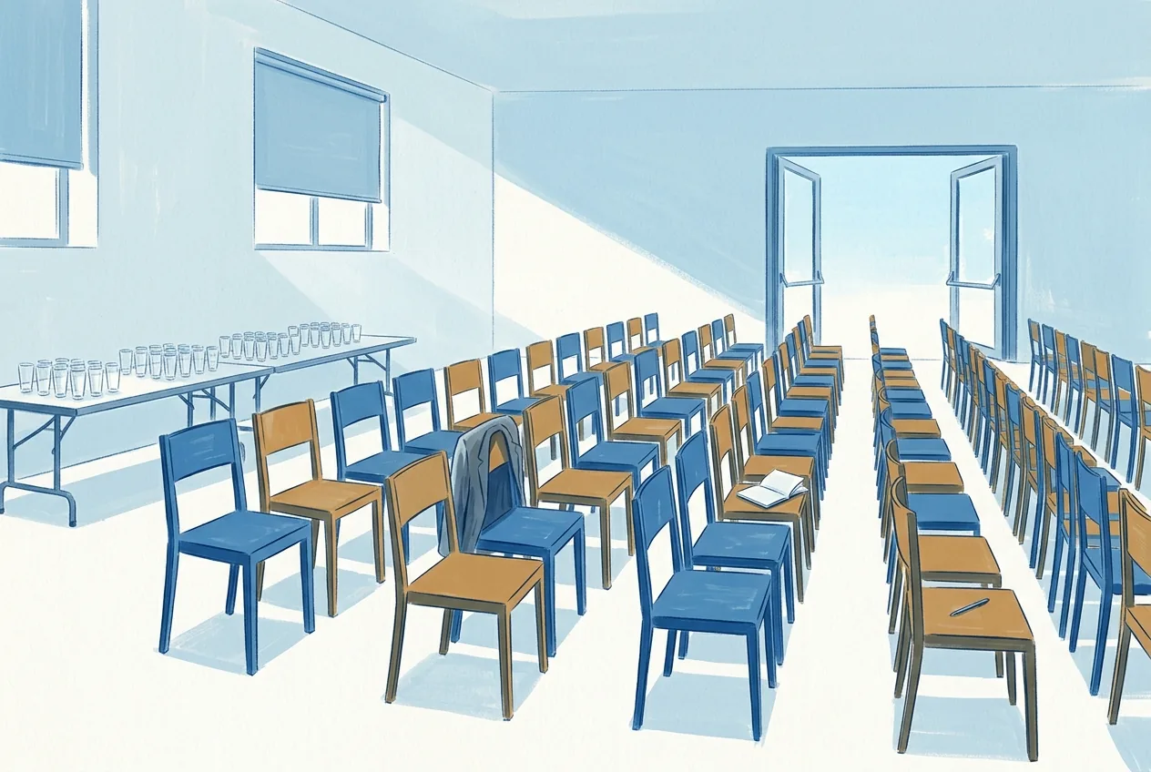 Rows of chairs face a trestle table lined with glasses, while open double doors let daylight across the hall.