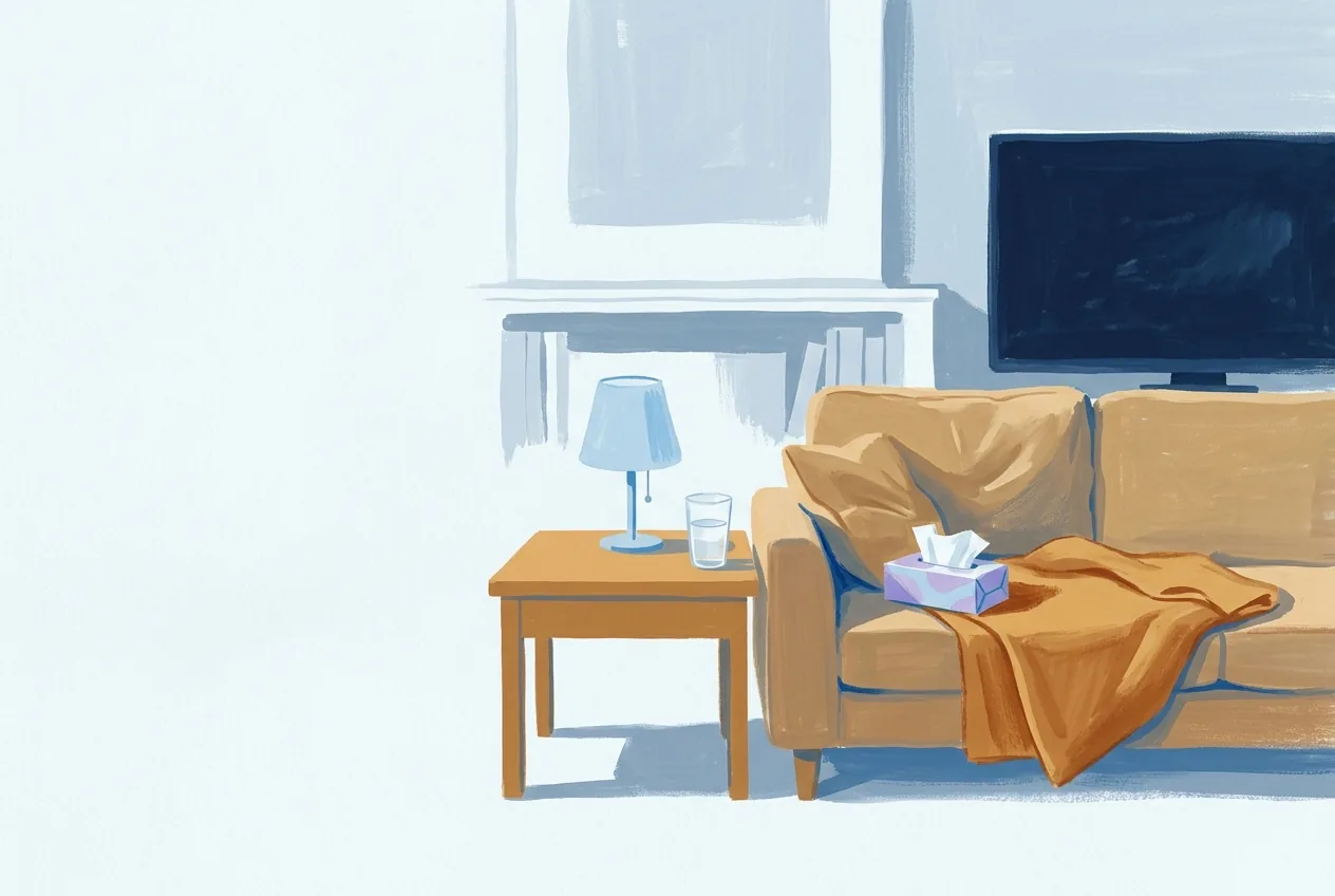 A blanket covers one end of a sofa beside tissues, a low lamp, a dark television, and a glass of water.