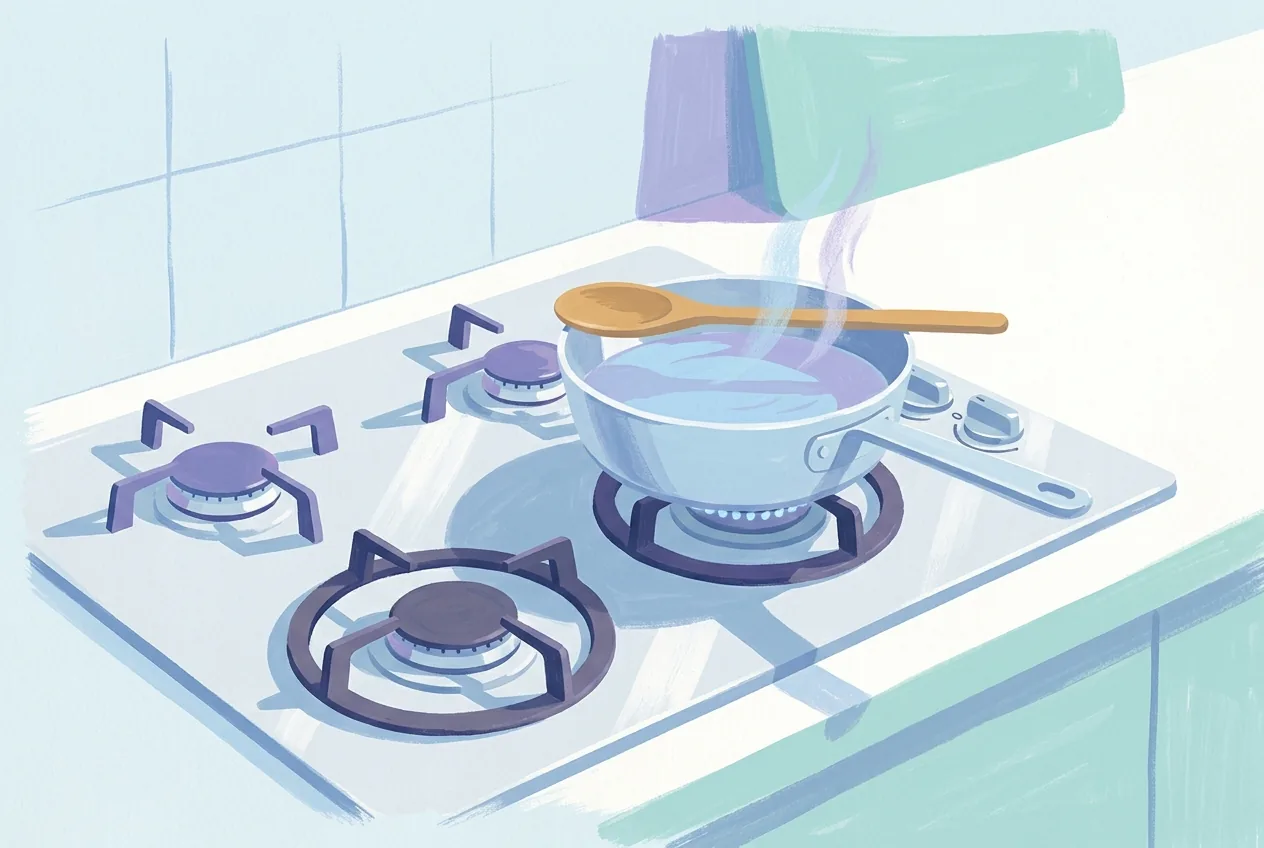 A pan rests on a cold stove burner with steam thinning, a wooden spoon across its rim, and the surrounding surface wiped clean.