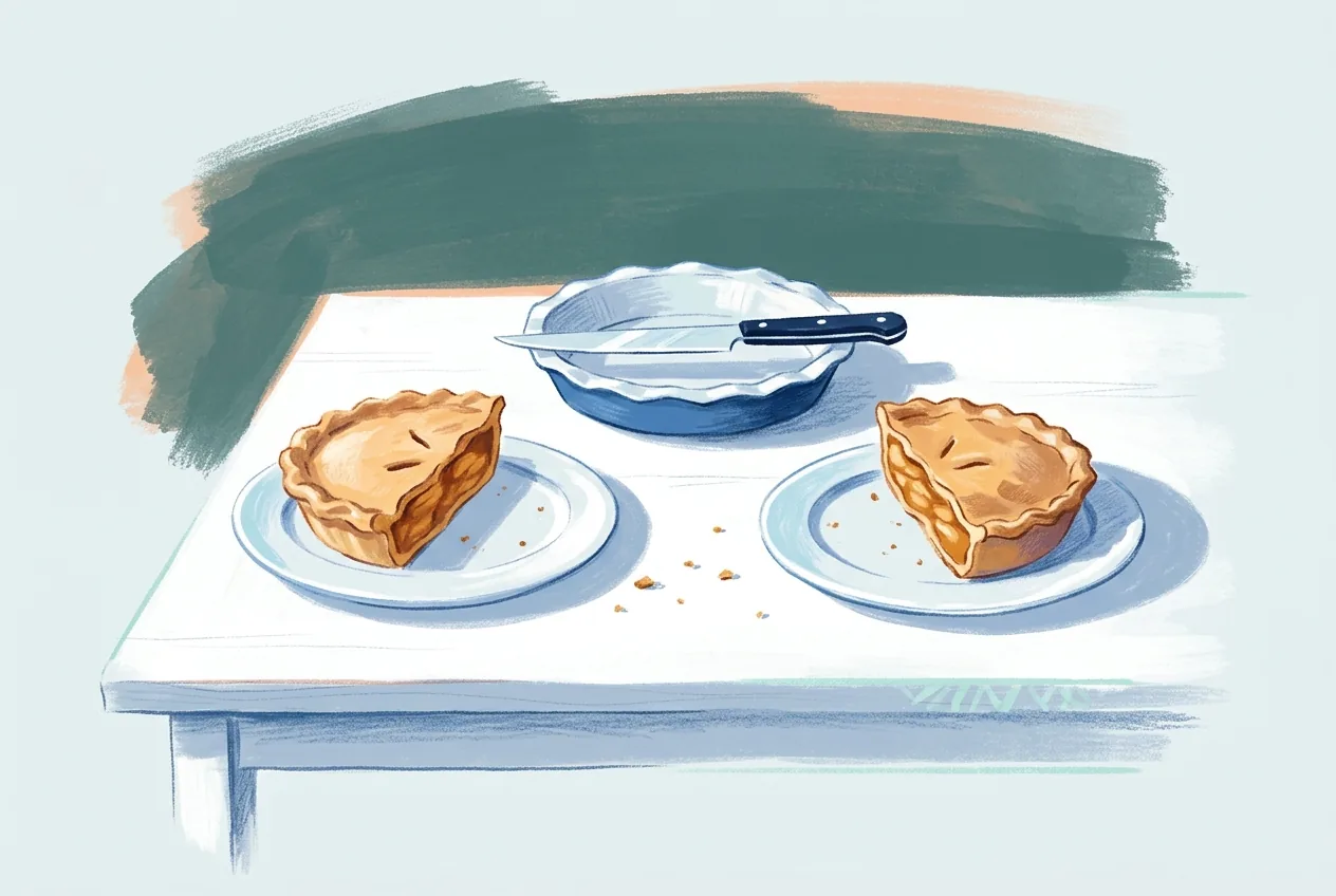Two level plates hold equal halves of a pie on a scrubbed wooden table, with a knife and crumbs between them.