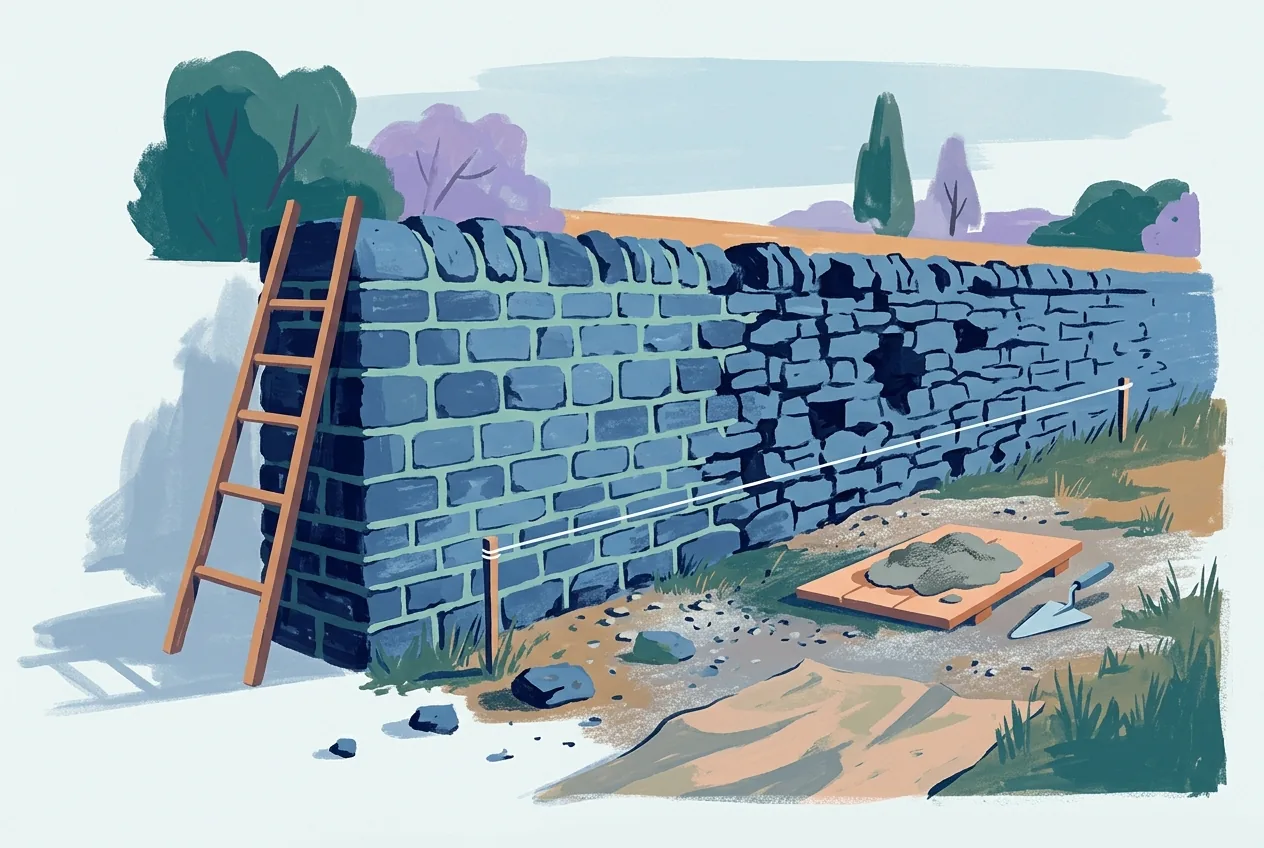 A half-repointed garden wall runs past a ladder, with mortar, trowel, board, and string line at the unfinished end.