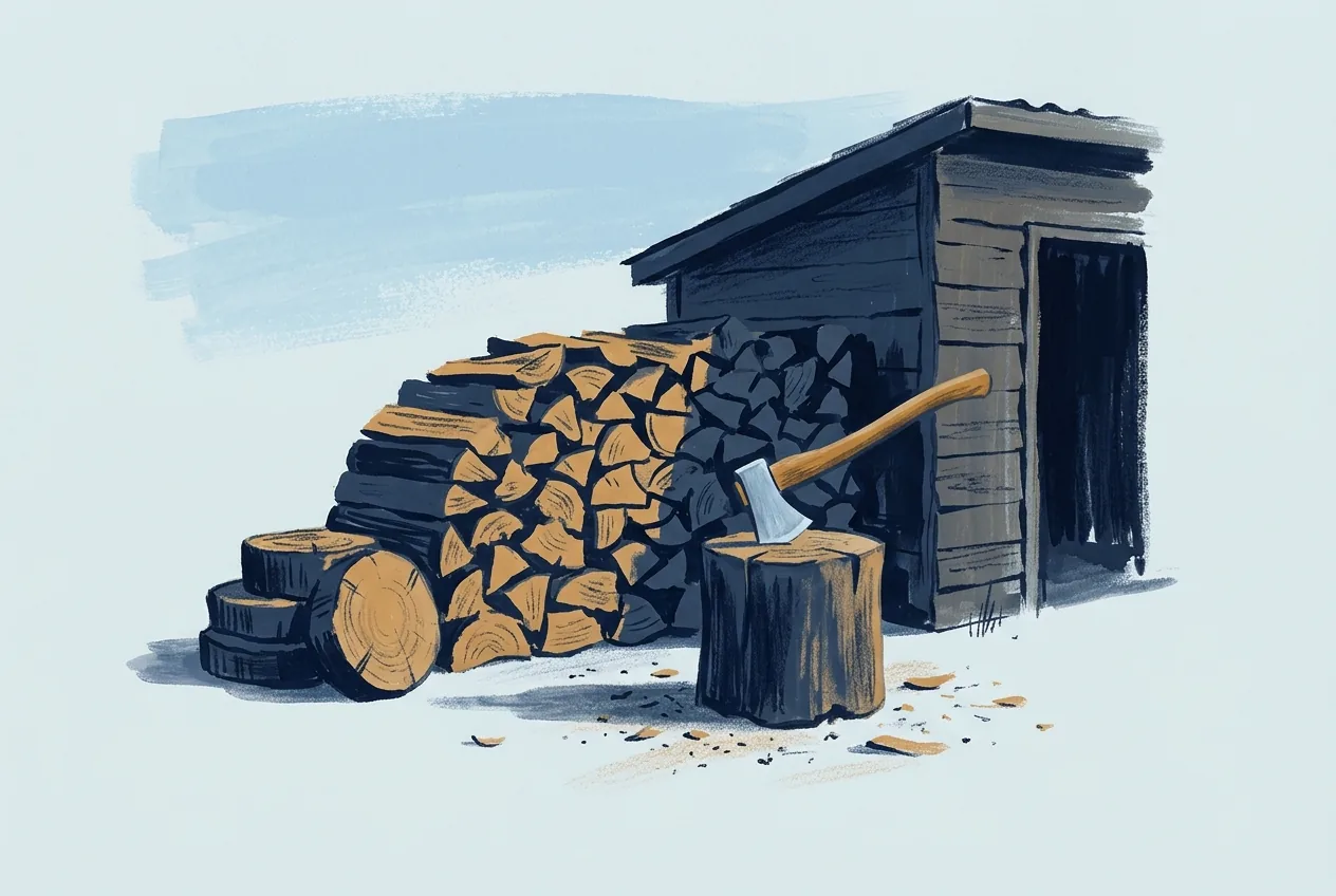 A squared woodpile stands beside a shed, with an axe in the chopping block and several uncut rounds on the ground.