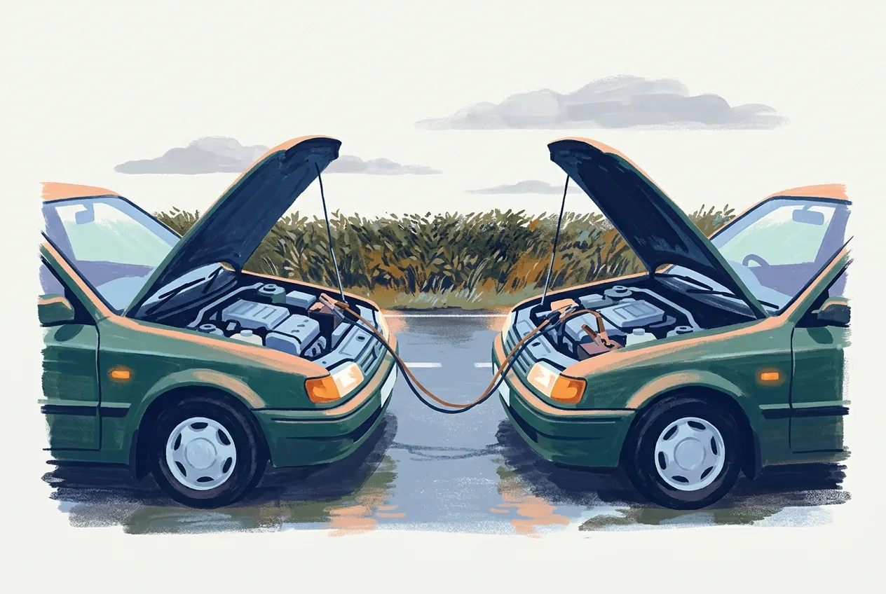 Jumper cables connect the batteries of two cars stopped nose to nose on a wet roadside, with hazard lights reflecting below.