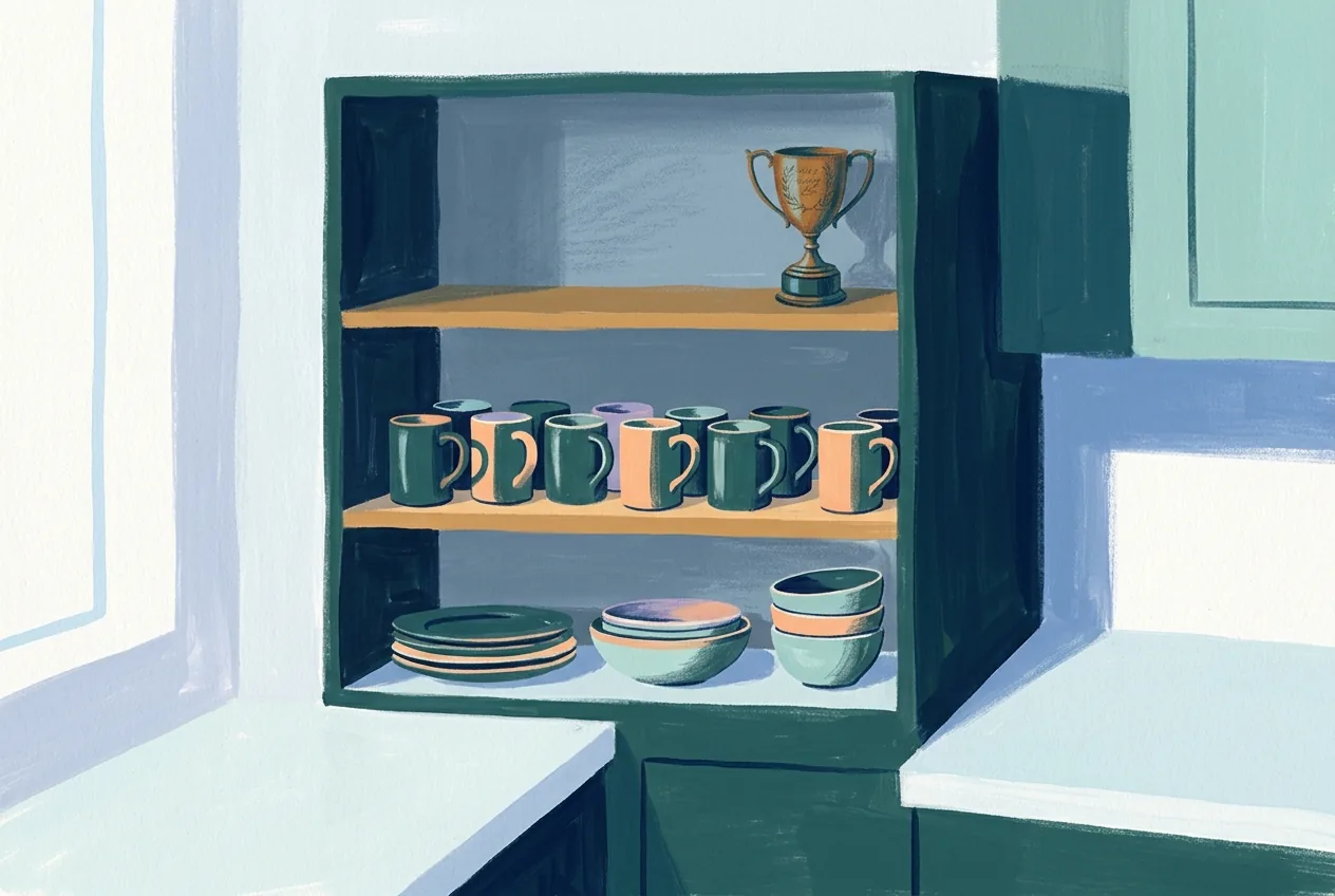 An open kitchen dresser holds everyday mugs with aligned handles, while a dusty engraved cup stands at the back of the top shelf.