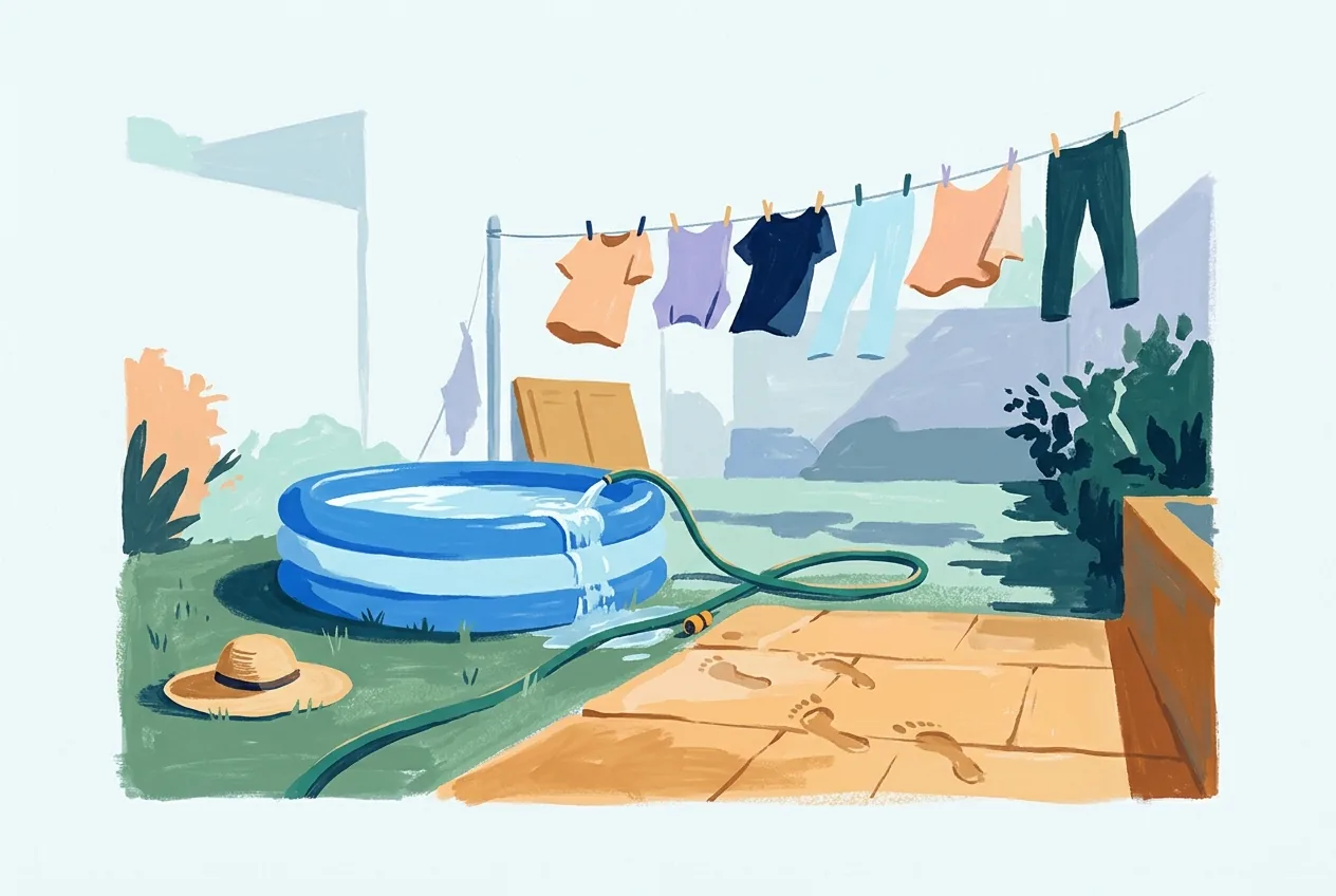 A running hose fills a wading pool, with wet footprints, a sunhat, and laundry on a clothesline nearby.