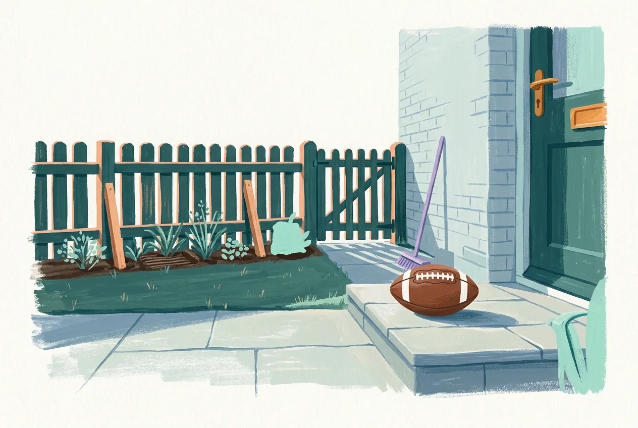 A football rests on a doorstep beside a straightened flowerbed and re-staked fence, with the closed gate beyond.