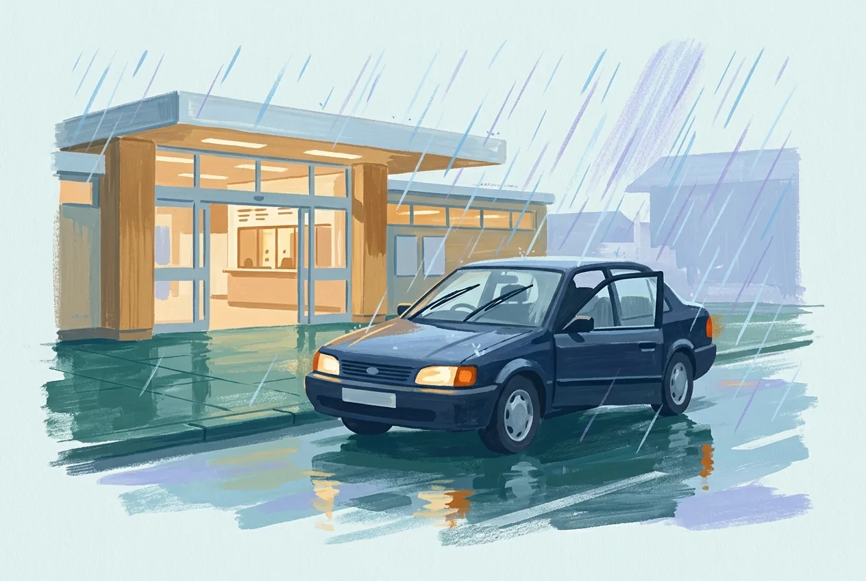 A car waits at a train station in the rain with its lights on, wipers moving, and passenger door unlocked and slightly open.