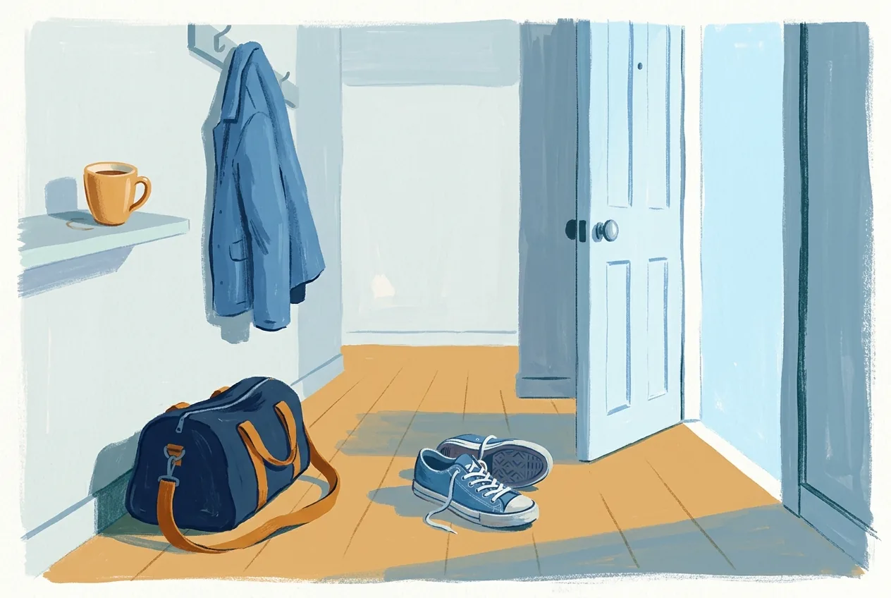 Light from an open front door falls into a hallway, with sneakers and a packed duffel bag on the floor, a coat hanging partly off its hook, and a coffee mug on a small shelf.