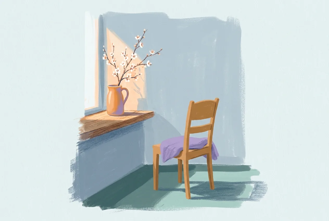 A flowering branch in a plain jug stands on a shelf, with a chair turned toward it in afternoon light.