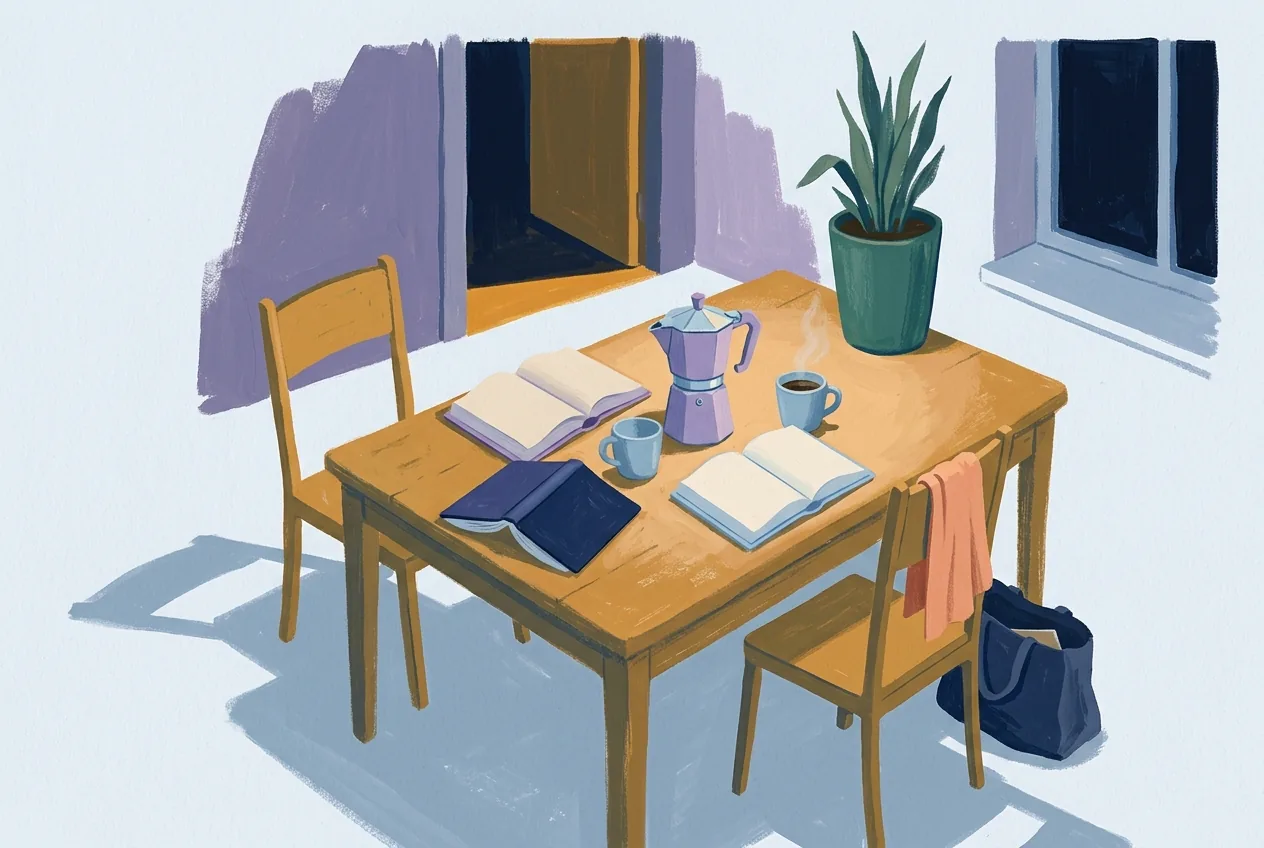 Three open books and two cups surround a coffee pot on a table, with two chairs pulled close together.