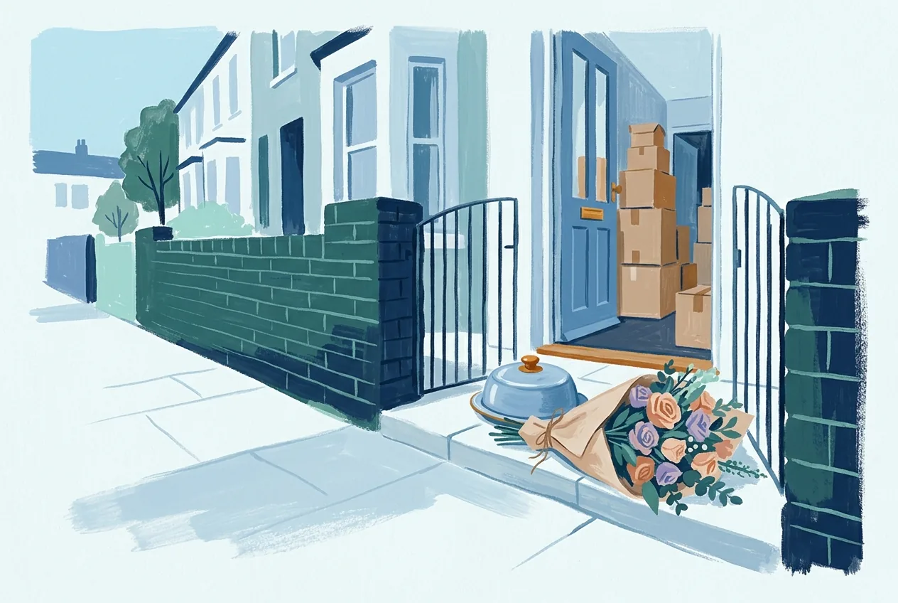 A covered dish and paper-wrapped flowers rest on a doorstep beside a glass door, with moving boxes visible inside.