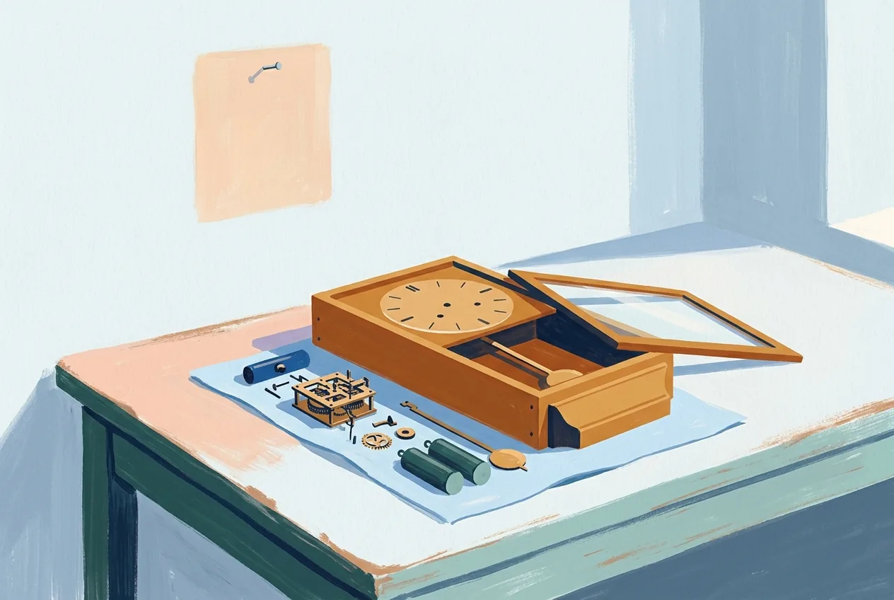 An opened wall clock, its works and weights arranged on a cloth, rests on a kitchen table beneath a pale wall rectangle.