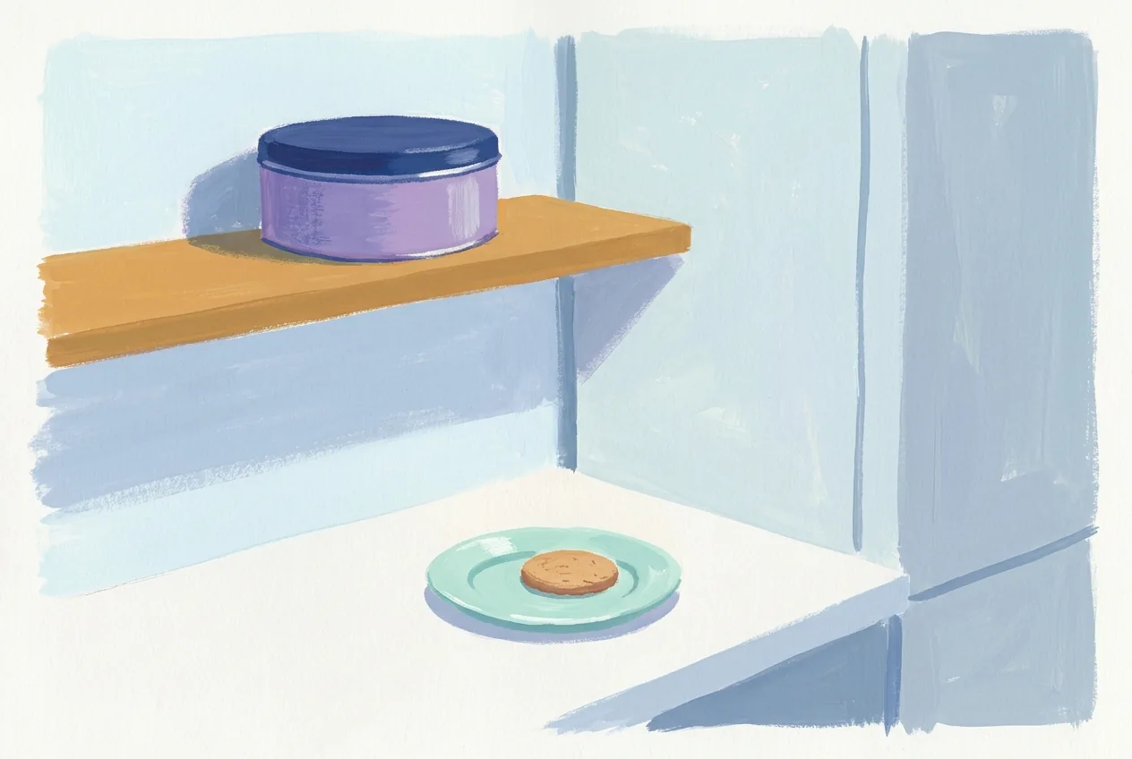 A cookie tin with the lid pressed on stands above a single cookie on a plate and a clear counter.