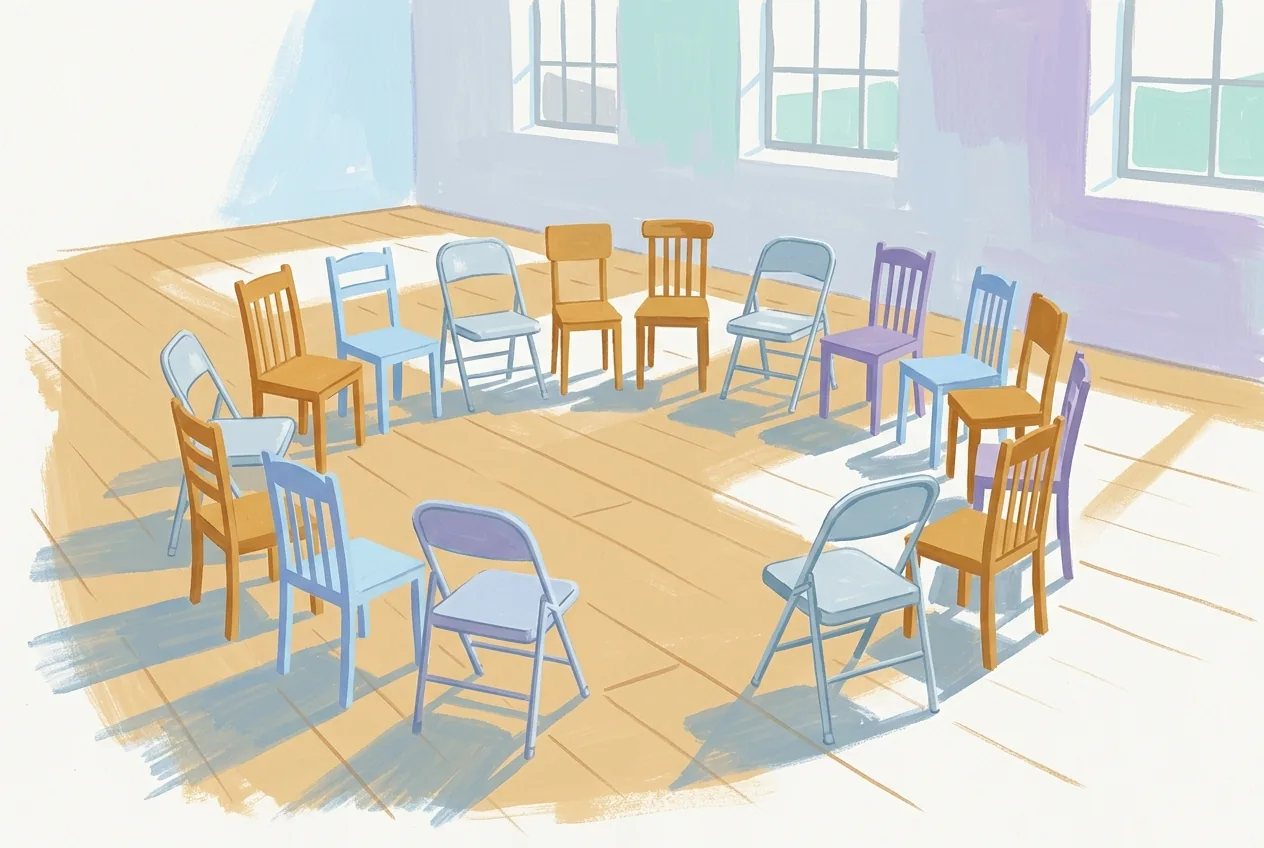 Chairs form a circle in a village hall, with an extra folding chair opened at the end.