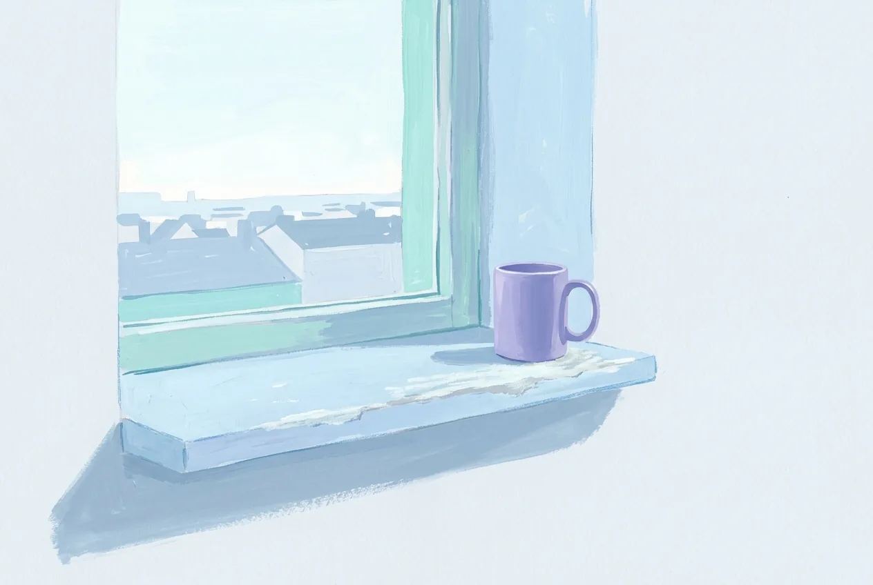 A plain mug filled to a marked line stands on a worn kitchen windowsill above rooftops.