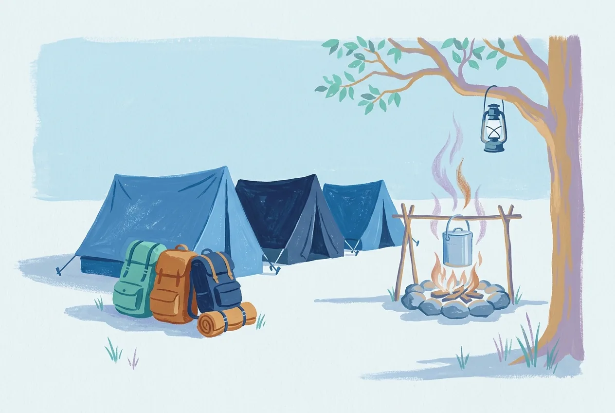 Three tents stand in a line beside a stone-ringed fire, with a steaming camp pot and lantern hanging from a branch.