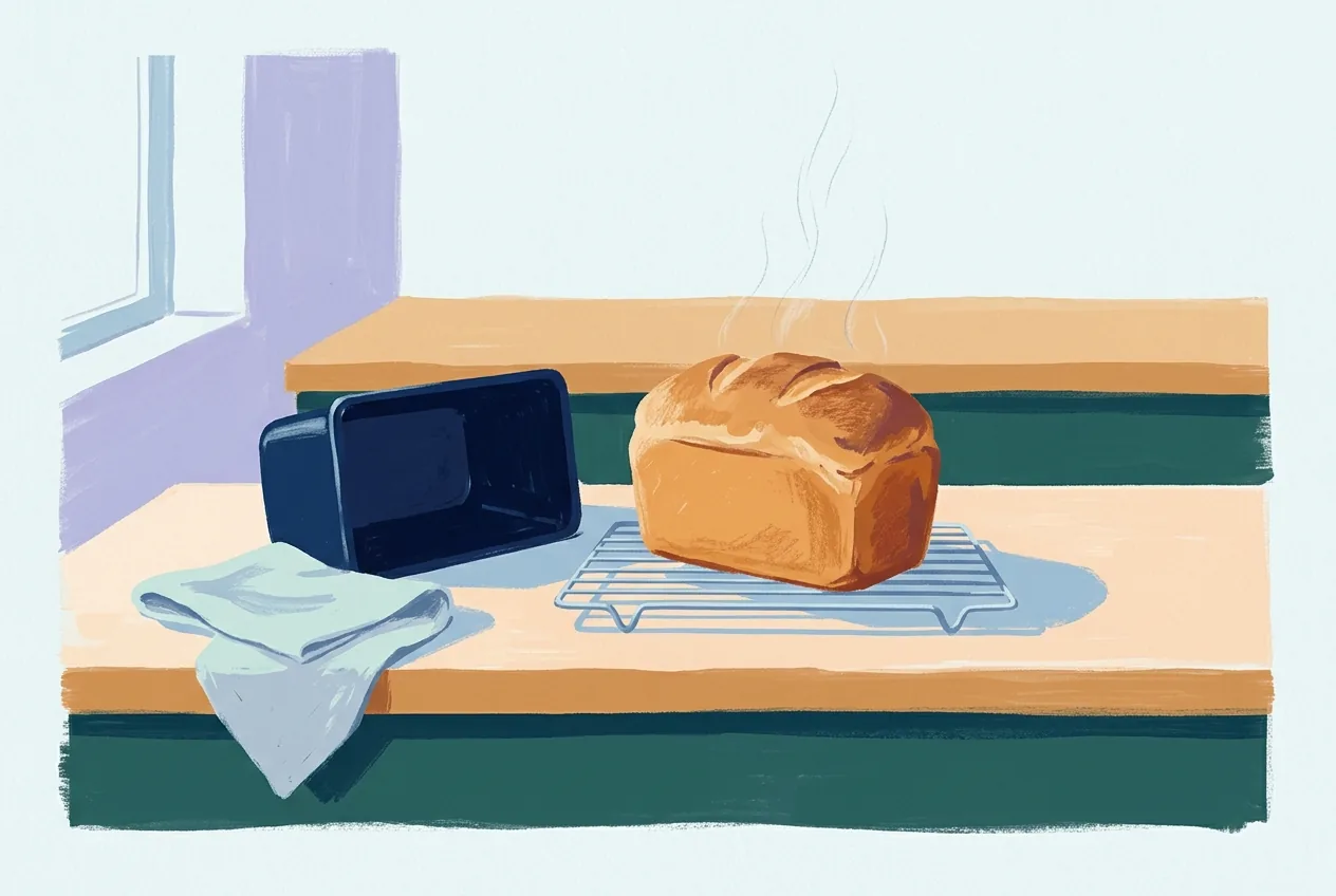 A loaf cools on a wire rack beside the loaf pan and a folded cloth, with low morning light across the counter.