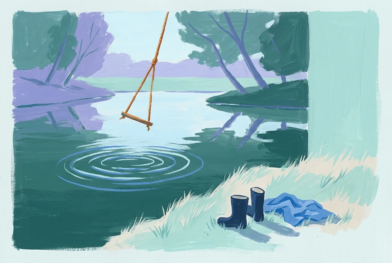 A rope swing arcs over a river, with boots and a towel on the bank and ripples spreading below.