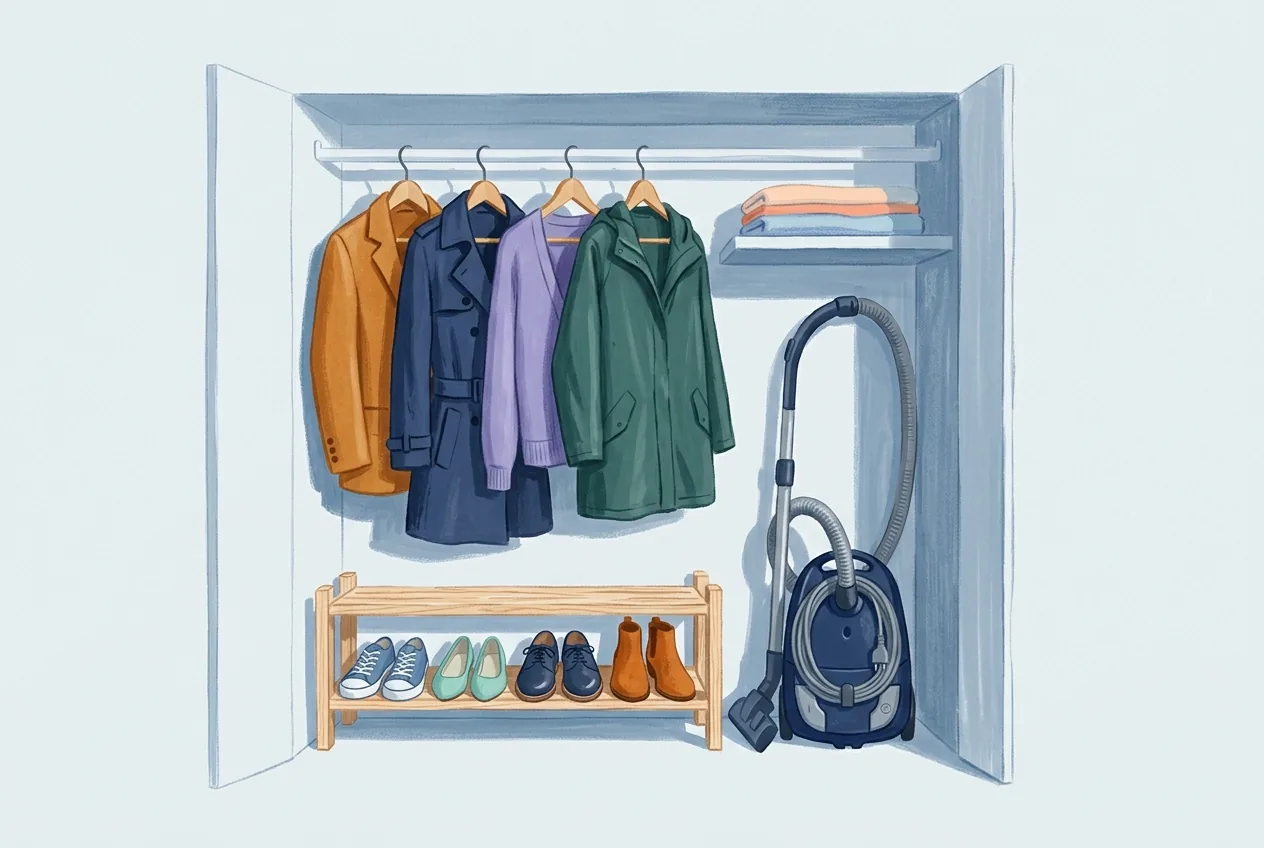 An open hall closet holds paired shoes, evenly spaced coats, a vacuum cleaner with its cord coiled, and folded things stacked above.