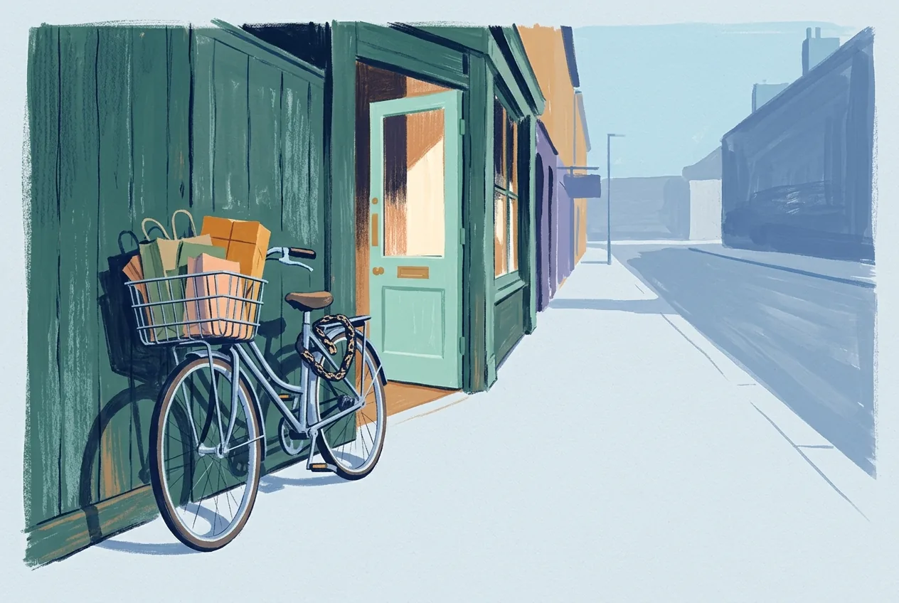 A bicycle leans against a small shop, its basket full of groceries and its unused chain lock looped over the rear rack.