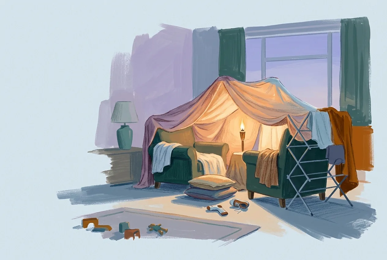 Blankets and sheets form a den over two armchairs, with a lit torch inside and cushions at the entrance.