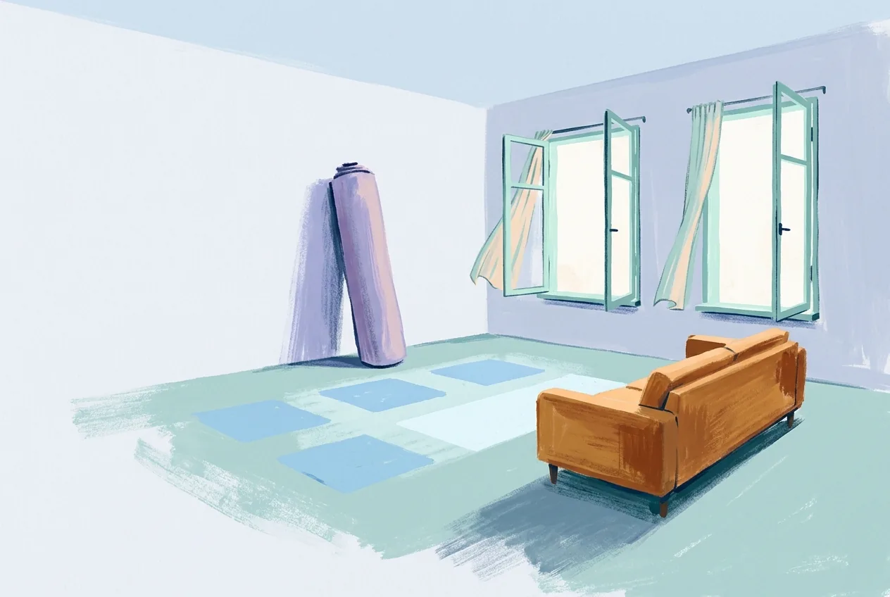 A rolled rug leans against the wall beside a sofa in a new position, with curtains lifting at open windows.
