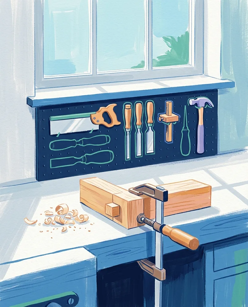 A workbench beneath a window holds tools on a pegboard and a half-finished wooden joint in a central clamp.