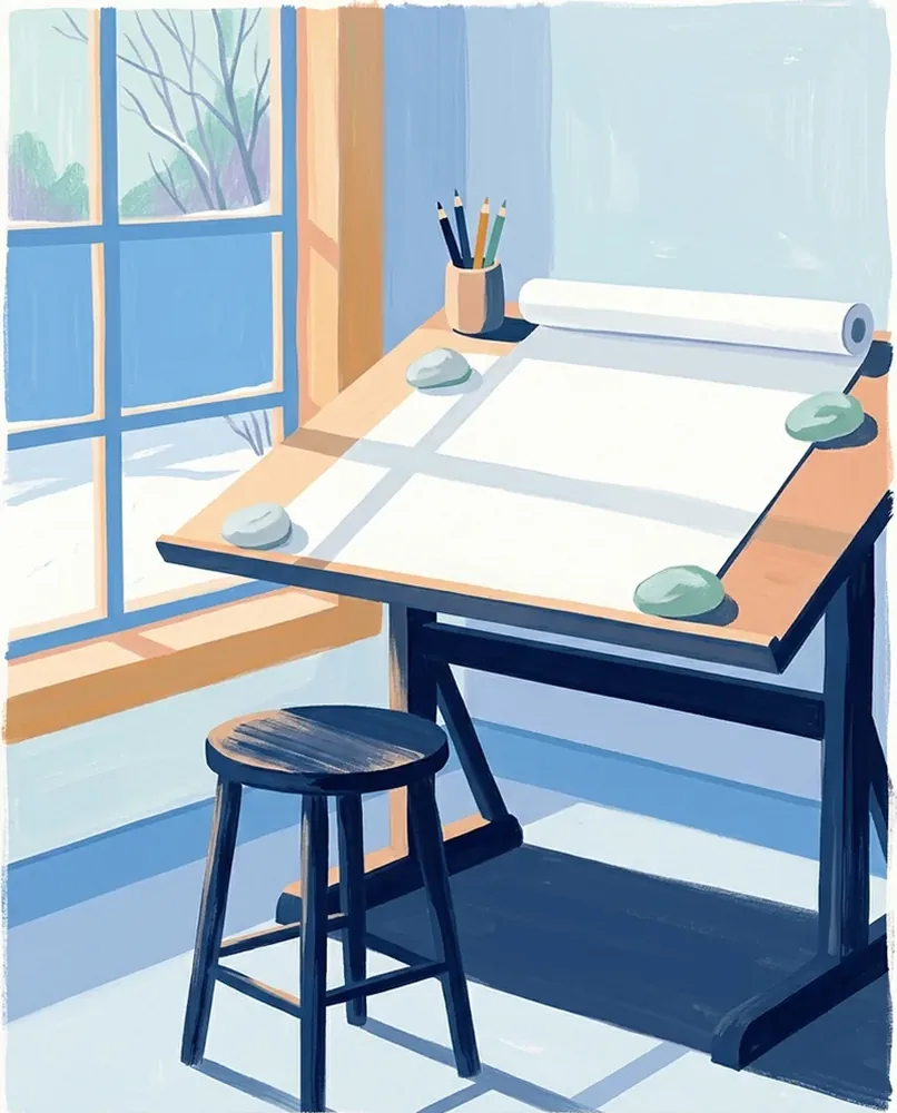 A drafting table beneath a tall window has plain paper unrolled across it, held flat by four smooth river stones.