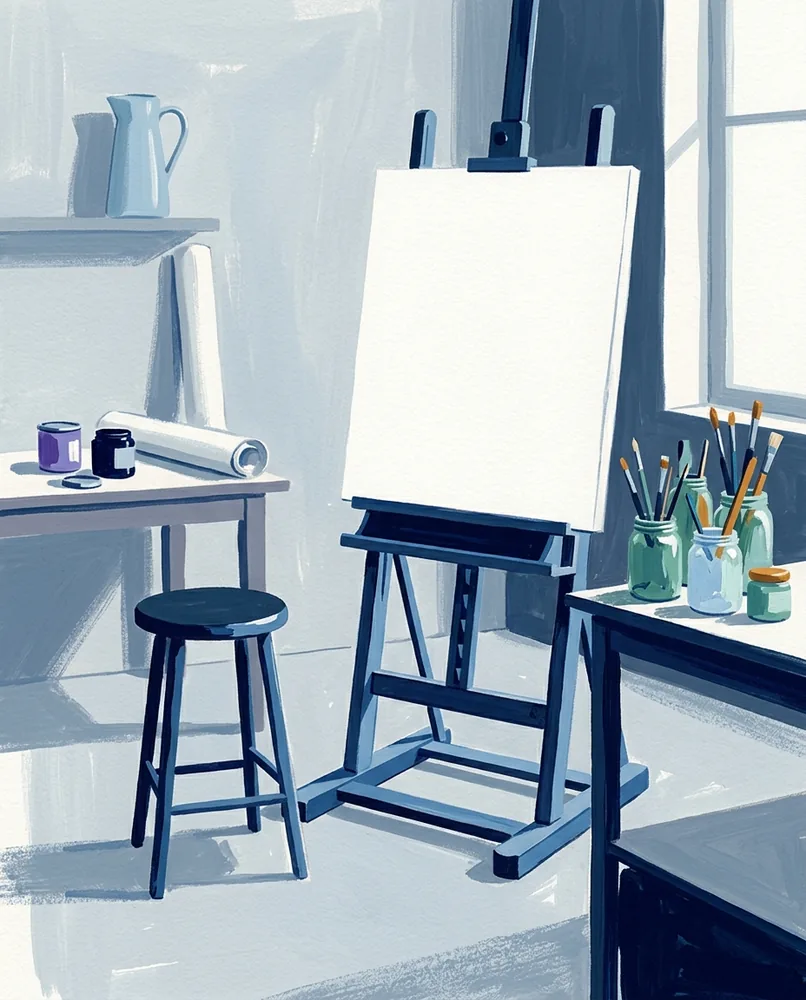 A tall wooden easel holds a freshly primed blank board beside brush jars and a stool pushed away.