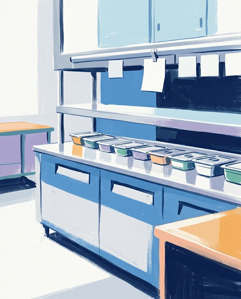 A restaurant kitchen pass holds clean steel surfaces, lined containers, and one white ticket clipped above the rail.