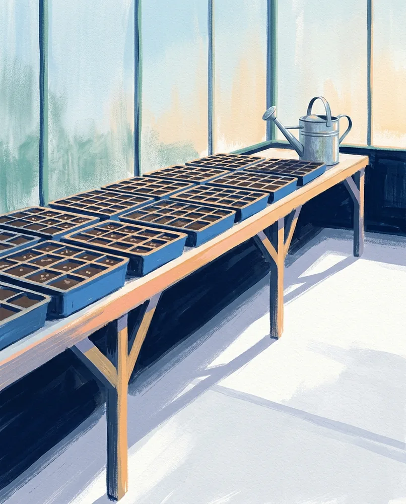Even rows of seed trays fill a greenhouse bench, with a galvanized watering can beneath misted glass.