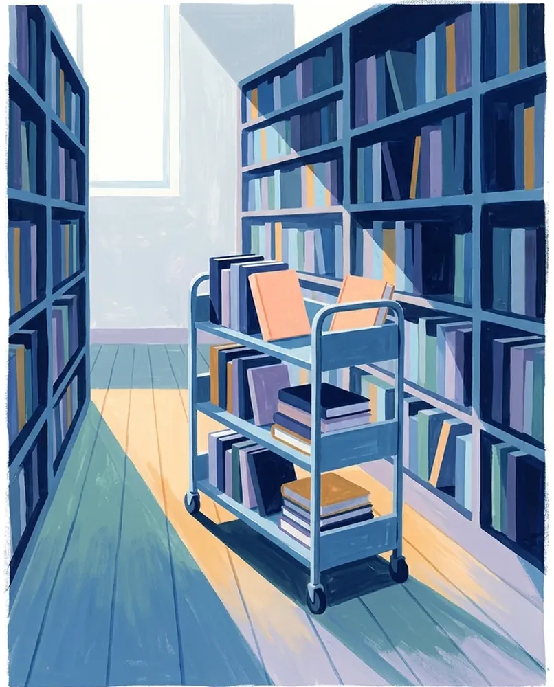 A cart of closed books stands between library shelves, with one book apart on top and light across the aisle.