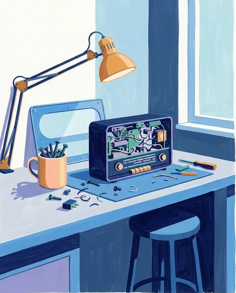 An opened radio rests on a repair bench beside a screw-filled mug, beneath a low jointed lamp.