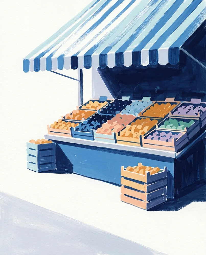 Crates of fruit line a market stall counter in bands of color beneath a half-rolled striped awning.