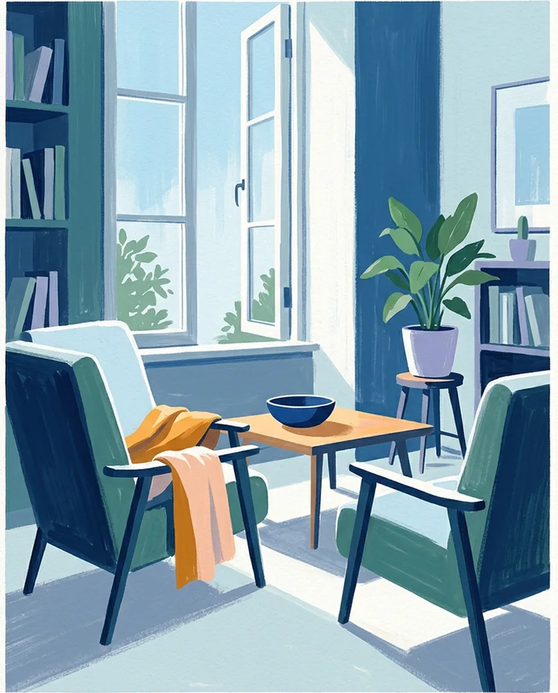 Two armchairs face slightly toward each other beside a tall window, with a low table and bowl between them.