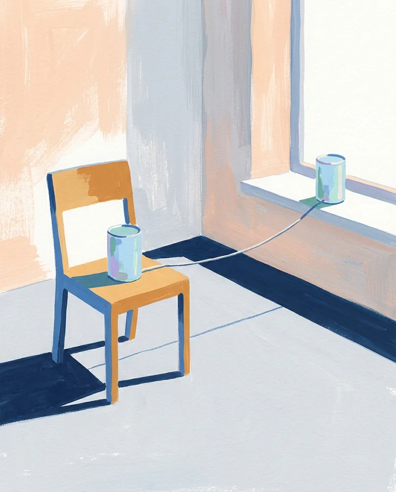 Two tin cans joined by taut string stretch across an empty room, one on a chair and one on a windowsill.