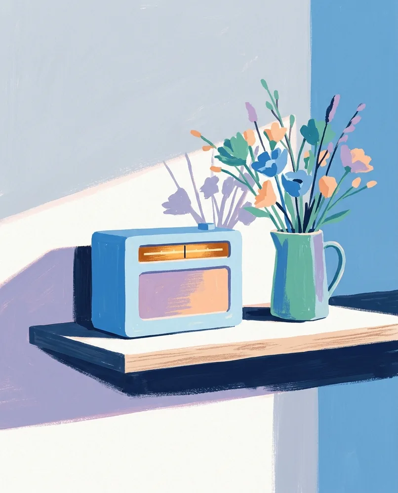 A lit kitchen radio sits on a shelf beside a jug of cut flowers, with the rest of the shelf bare.