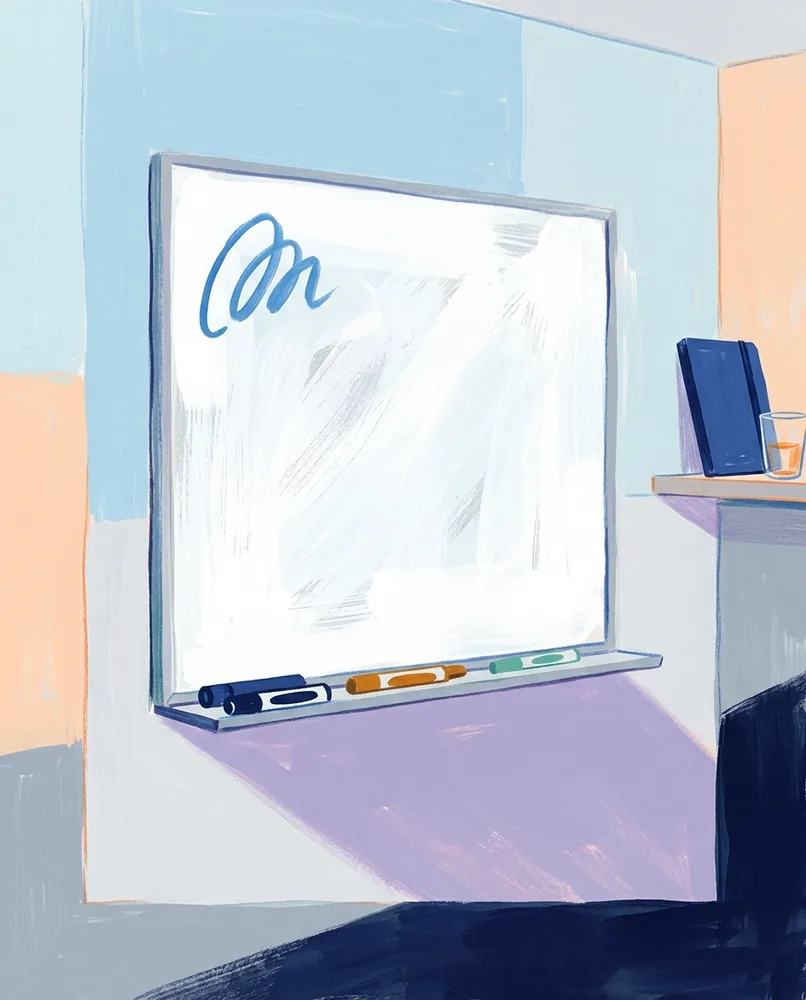 A whiteboard is nearly clean except for one looping blue mark, with markers resting in the tray below.