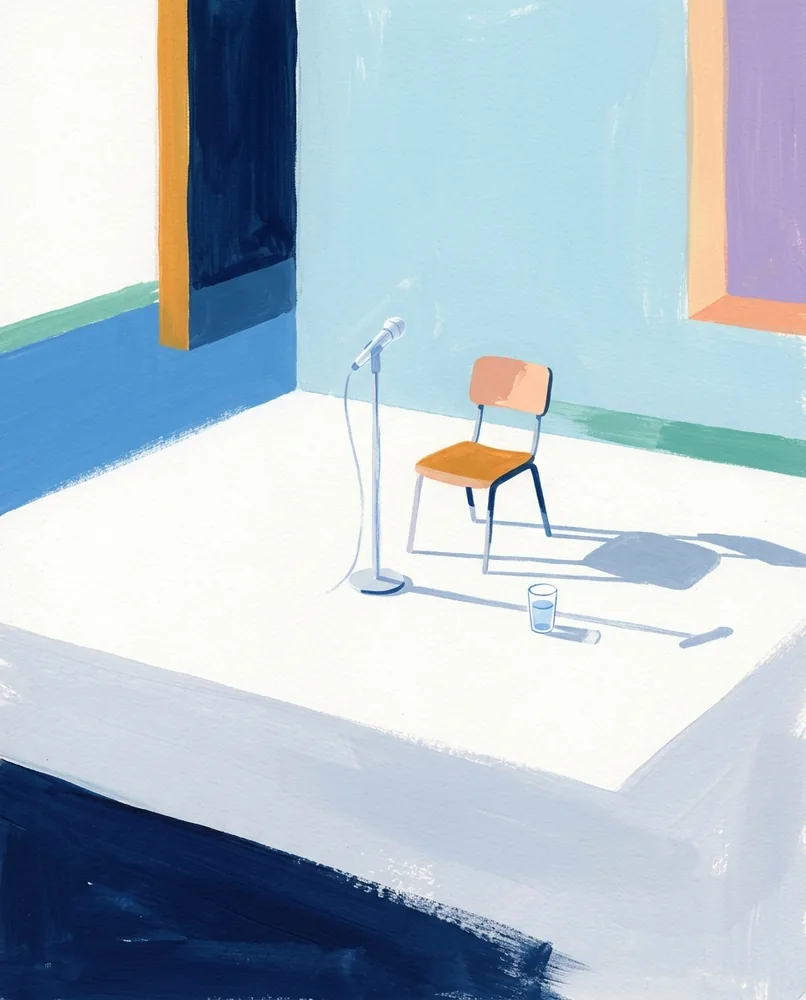 A microphone on a stand faces a single chair in an empty room, with a glass of water on the floor.