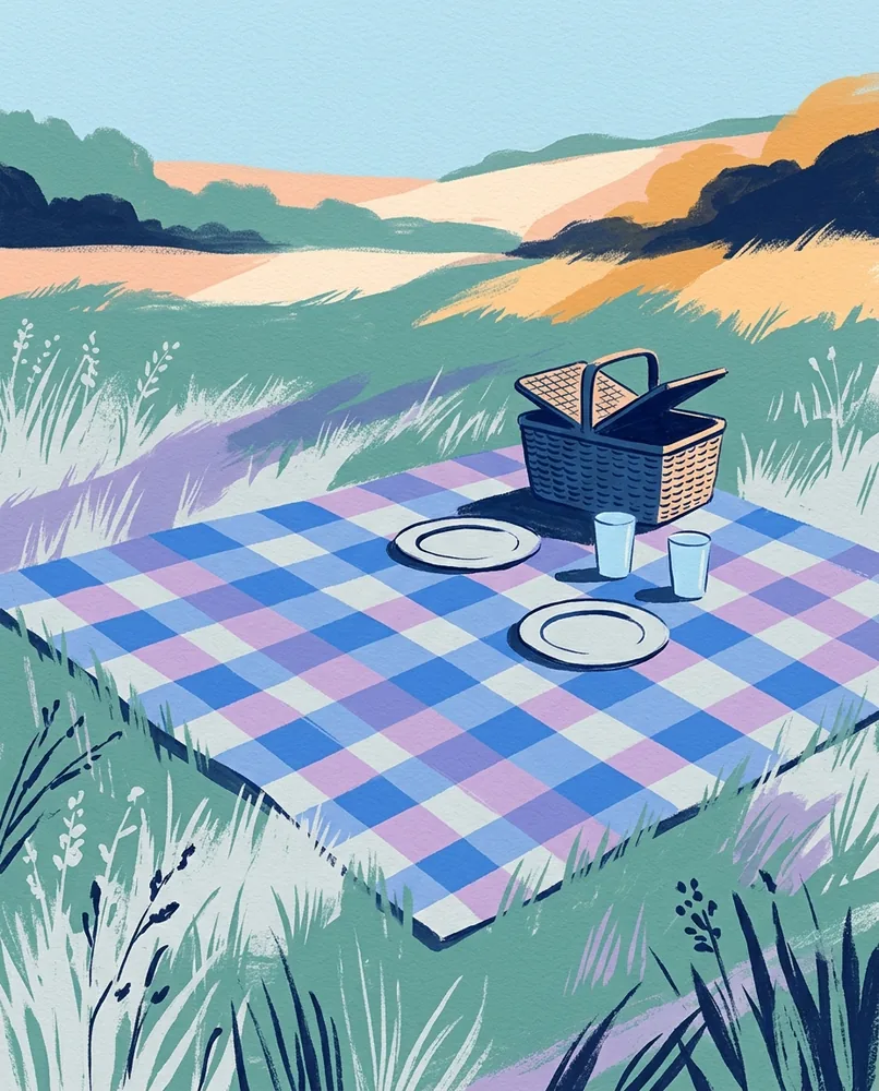 A checked picnic blanket lies on grass with two plates and an open basket arranged across it.