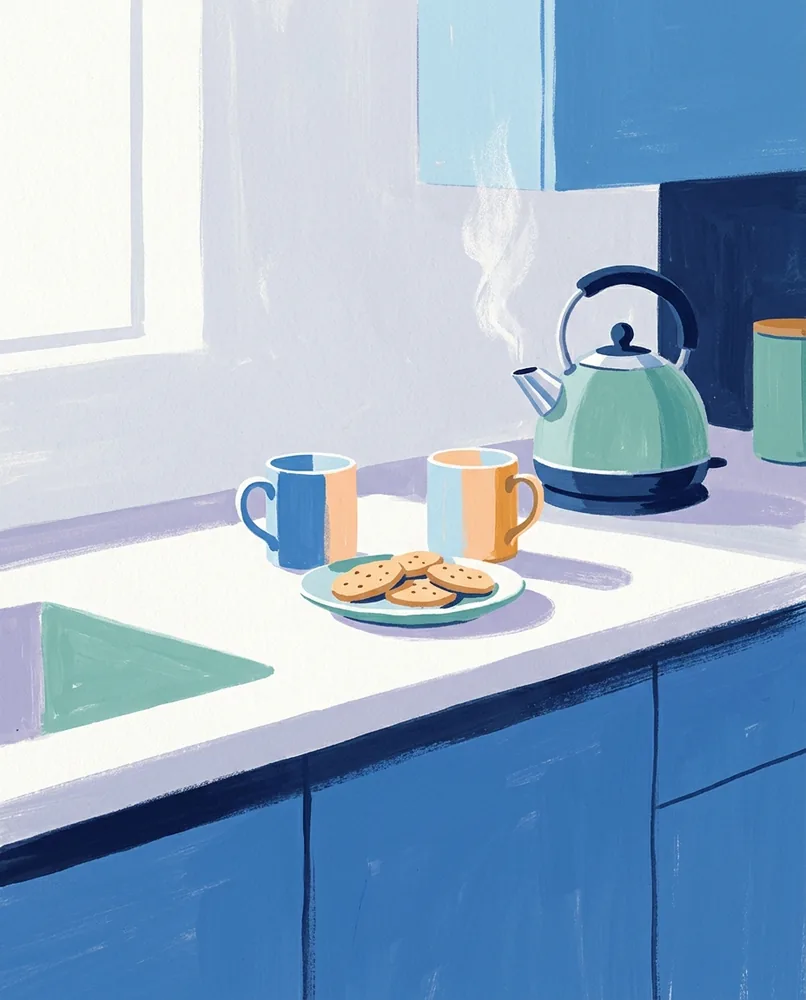 Two mugs rest side by side on a kitchen counter, with cookies between them and steam rising from the kettle.