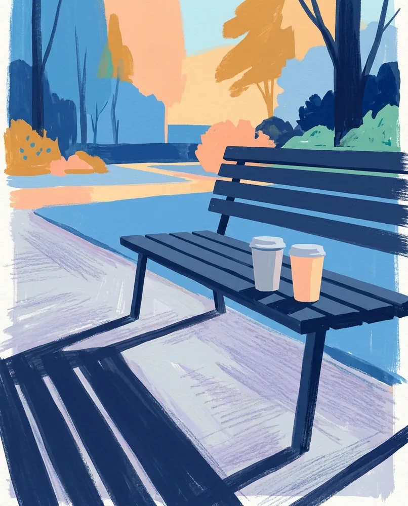 Two paper coffee cups stand on one arm of a park bench, with long shadows stretching across the path.