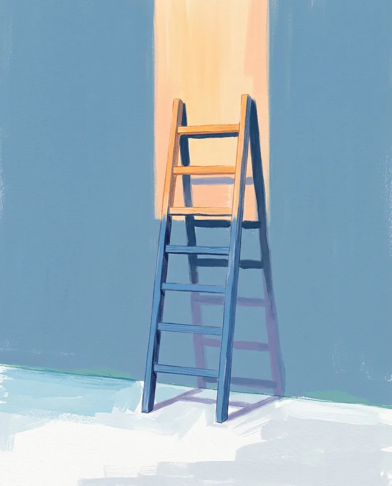 A wooden ladder leans against a plain wall, with its top three rungs in sunlight and the lower rungs in shade.